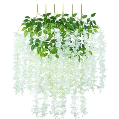 Image of SMALUCK Artificial Wisteria Flowers Vine Fake Garland Hanging for Wedding Garden Home Party Decorations, White