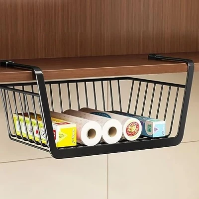 Image of Under Shelf Storage Basket, Hanging Metal Wire Cabinet Basket Organizer for Kitchen, Office, Pantry, Bathroom, Cabinet, Black, 2 Pack