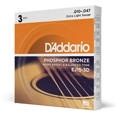 Image of D&#039;Addario Guitar Strings Phosphor Bronze Acoustic EJ15 3D Superb, Long Lasting Tone, Comfortable Playability For 6 String Guitars 10 47 Extra Light, 3 Pack