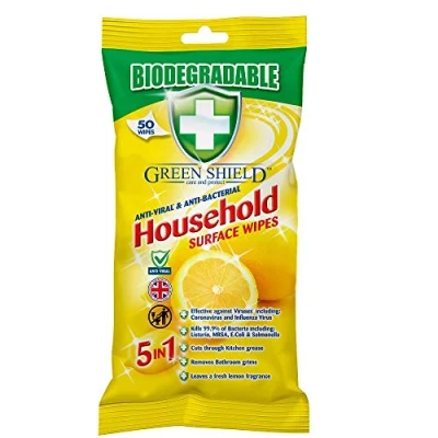 Image of GreenShield Biodegradable Antiviral and Anti Bacterial Surface Wipes for Home, 50