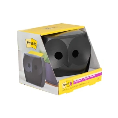 Image of Post it Z Notes Dispenser Owl Black + Super Sticky 1 Dispenser, 2 Pads (90 Sheets), 76 mm x For Convenient One Hand Dispensing on Your Desk