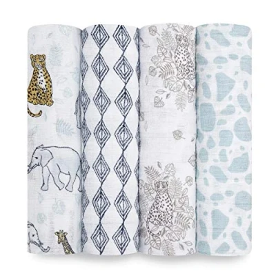 Image of aden + anais 100% cotton Muslin Swaddle &amp; Receiving Blankets for Baby Girls Boys, 120x120cm, Ideal Newborn Infant Swaddling Wrap Set, Perfect Shower Gifts, 4 Pack, jungle