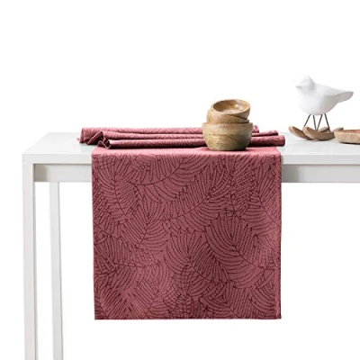 Image of AmeliaHome Gaia Table Runner 30 x 100 cm Lotus Effect Water Repellent Leaves Dusky Pink
