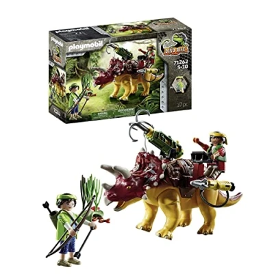 Image of Playmobil PPLAYMOBIL 71262 Dino Rise Triceratops, dinosaur with removable armour, large movable cannon grappling hook, toy playset suitable for ages 5+