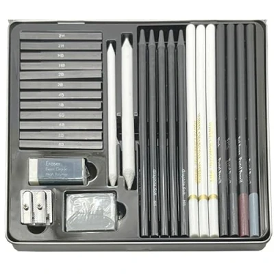 Image of Artist Drawing Set Tin Sketching Box Pencils Pastels Charcoal Graphite Sticks