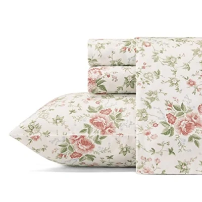 Image of Laura Ashley Soft Sateen Cotton Bedding Set Sleek, Smooth, &amp; Breathable Home Decor, Lilian Coral, King