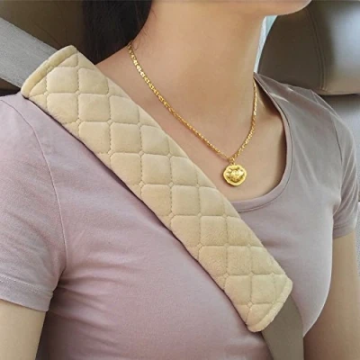 Image of MIKAFEN Seat Belt Comfort Harness Pads Car x 2 Hook And Loop Strap Travel Cushion Covers (Beige)