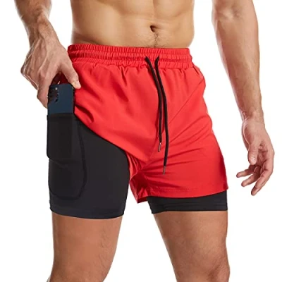 Image of Danfiki Men Running Shorts Men&#039;s Workout with Phone Pocket 2 in 1 Gym Training Lightweight Quick Drying Red