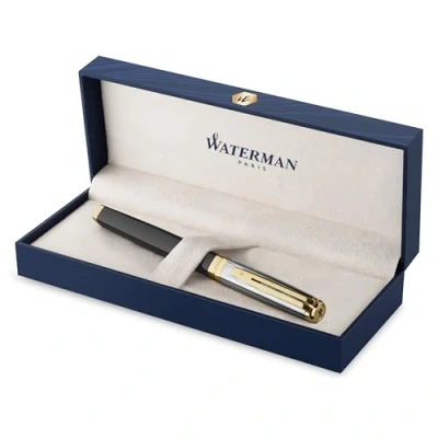 Image of Waterman Exception Fountain Pen Metal &amp; Black Lacquer with Gold trim Chiselled cap 18K Medium Nib Blue Ink Gift Box