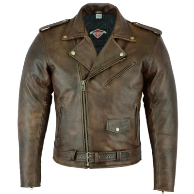 Image of Texpeed Mens Leather Marlon Brando Motorcycle Jacket Touring Motorbike With Genuine Biker CE Armour (EN 1621 1) Protection Brown 7XL