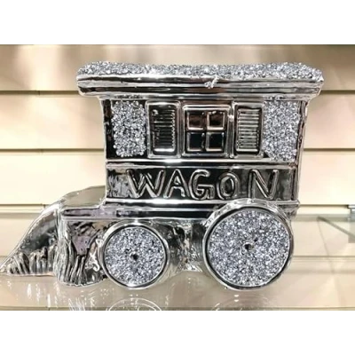 Image of Silver Crushed Diamond King Wagon Ornament, 20cm, Ceramic, Sparkling Bling, Gypsy Caravan