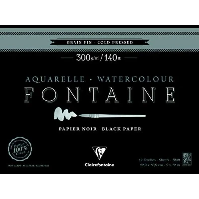 Image of Clairefontaine Ref 975308C Fontaine Cold Pressed Black Watercolour Pad (12 Sheets) 23 x 30.5cm Size, 300gsm Paper Suitable for Artwork