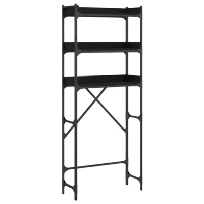 Image of vidaXL Washing Machine Shelf in Black Engineered Wood, 3 Tier Space Saver Storage for Bathroom/Laundry Room, Sturdy Metal Frame with Adjustable Feet, 67x25x163cm