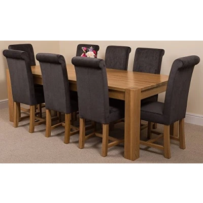 Image of Oak FURNITURE KING Kuba 220 x 100 cm Large Chunky Dining Table with 8 Chairs Set Washington Black Fabric