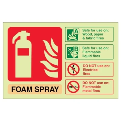 Image of V Safety Glow In The Dark Foam Spray Id Not Electrical Safe Fire Extinguisher Sign 150mm x 100mm Rigid Plastic