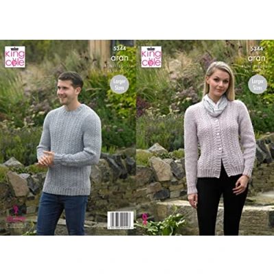 Image of King Cole 5344 Knitting Pattern Mens Womens Sweater Cardigan in Fashion Aran