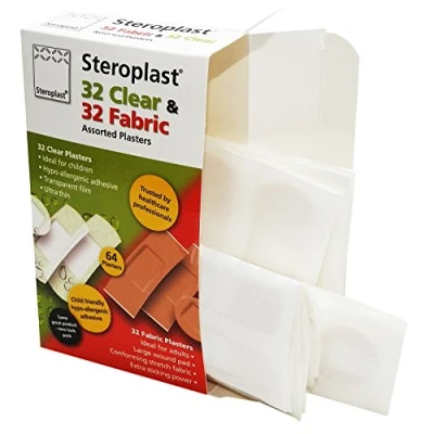 Image of Steroplast Premium 64 Assorted Clear + Fabric Wound Injury Plasters (32 32 Fabric) 1 Box