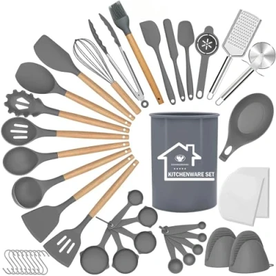 Image of UXIYI Silicone Kitchen Utensils Set, 43pcs Cooking Utensil Tools Spatula Set with Holder for Nonstick,Grey