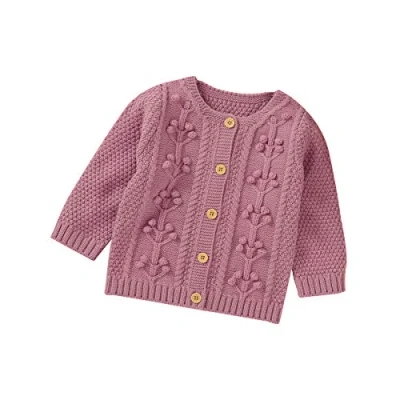 Image of DovFanny Baby Boys Girls Sweater Knit Solid Color Cardigan Outwear Knitwear Newborn Winter Warm Long Sleeve Cable Floral Clothes Pink 12 18 Months