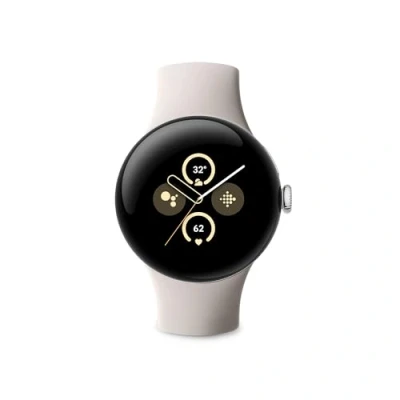Image of Google Pixel Watch 2 with the best of Fitbit Heart rate tracking, stress management, safety features Android smartwatch Polished Silver Aluminium Case Porcelain Active Band LTE