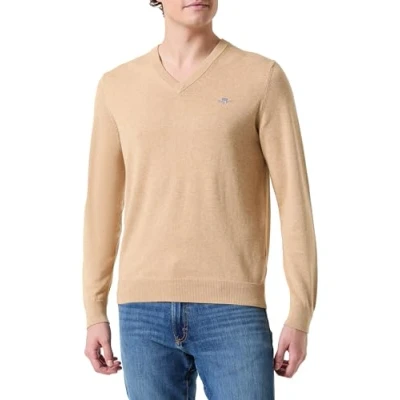 Image of GANT Men&#039;s Classic Cotton V Neck Pullover Sweater, Khaki Mel, S