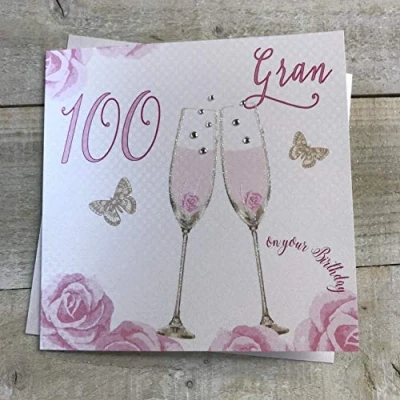 Image of Happy 100th Birthday Card Gran Champagne Glasses Pink Roses by White Cotton Cards SS42 GRAN100