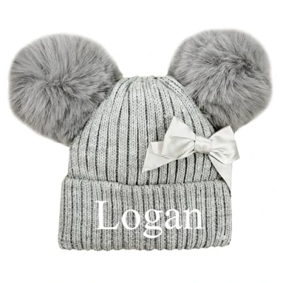 Image of JJLC Personalised Baby Girl Pom Bow Hat Knitted Bobble (One Size, Grey)