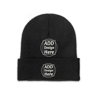 Image of Winter Beanie Hats Your Own Picture Text Logo Mens Womens Unisex Black
