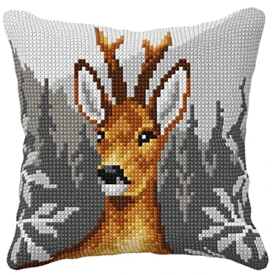 Image of Orchidea Cushion Cross Stitch Kit Deer Printed Canvas 4.5 Count for Adults 99014