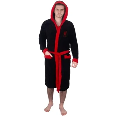 Image of Liverpool FC Official Gift Mens Hooded Fleece Dressing Gown Robe Black XL