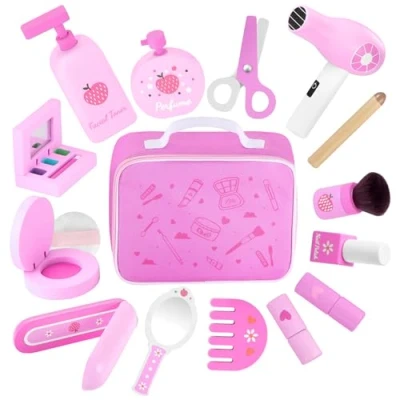 Image of GAGAKU Wooden Makeup Set Kids Pretend Sets Toy Kit Montessori Fake Play Dress Up with Hair Dryer Mirror for Toddler Children Little Girls Perfume Gifts Ages 3 +