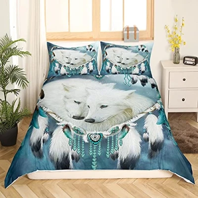 Image of Loussiesd Feather Duvet Cover Set Double Size Animal Wolf Dream Catcher Print Bedding Decorative Galaxy Comforter with 2 Pillow Shams 3D Soft Microfiber Bedspread Zipper