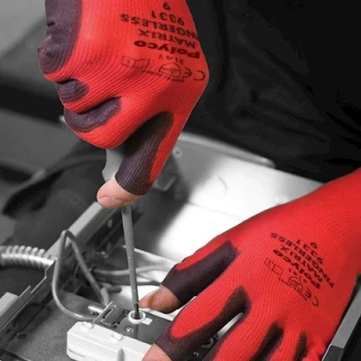 Image of Polyco Matrix® Fingerless (3 finger open) Black &amp; Red PU Polyurethane Palm Coated Work Gloves 12 Pairs (10/Extra Large)