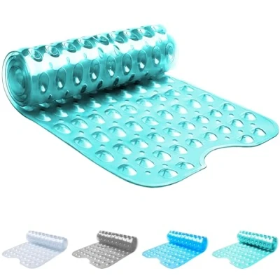 Image of ADOV Shower Mat, Extra Long Non Slip Bath Mat Antibacterial Rubber 100x40 cm, Anti Mould Machine Washable Safety Bathroom with 200 Strong Suction Cups Griping, Drain Holes Cyan