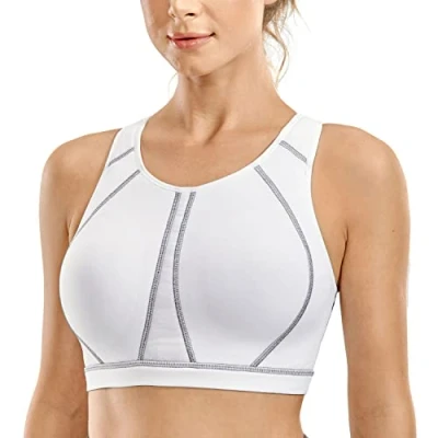 Image of SYROKAN Women&#039;s Sports Bra for Large Breasts High Impact Full Coverage Padded Wireless Running Halter Neck White 36G