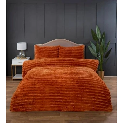 Image of Rapport home Chunky Ribbed Premium Luxury Faux Rabbit Fur Duvet Cover Set Single Burnt Orange Soft and Warm Fluffy Bedding