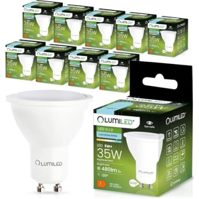 Image of LUMILED GU10 LED, 5 W, 480 Lumen Bulb, 6500 K, Cold White Bulb Spotlight, Replaces 50 W Halogen Bulbs, 120 Beam Angle, Reflector Lamps, Pack of 10 Energy Saving Bulbs