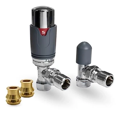 Image of Thermostatic TRV Angled Grey/Chrome Radiator Valves 1/2&quot; x 15mm with Brass Reducer Compression Valve to 10mm