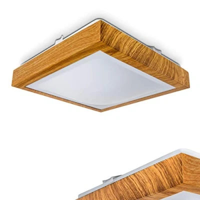 Image of LED Ceiling Light Sora, Angular Made of Metal in Modern Wood Look, 12 Watt, 900 Lumen, 3000K, IP44, Also Suitable for The Bathroom