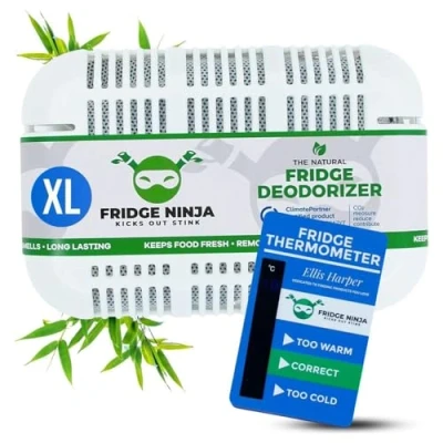 Image of Fridge Deodoriser Lasts 12 Months Pack of 1 Natural XL Charcoal Freshener Includes Thermometer Unscented Odour Eliminator, Also for Lunch Bags and Cool Boxes