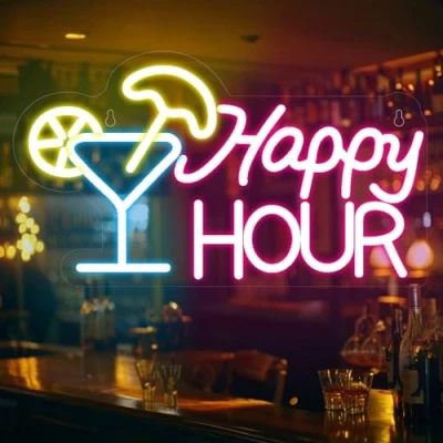 Image of Happy Hour Neon Sign, Bar Light for Wall Decor, LED Dimmable Up Sign USB Powered Bedroom Home Man Cave Hotel Club Pub Party