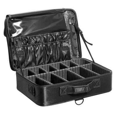 Image of VEVOR Makeup Train Case Large Storage 3 Tiers, Convenient Carry with Handle, Strap, Professional Waterproof Oxford Organizer Box, Heavy Duty Make Up Carrier, Black