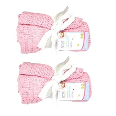 Image of Pair of 100% Pure Cotton Cellular Baby Blanket for Pram Cot Bed Moses Basket Crib in Blue Pink or White (2 x Pink)
