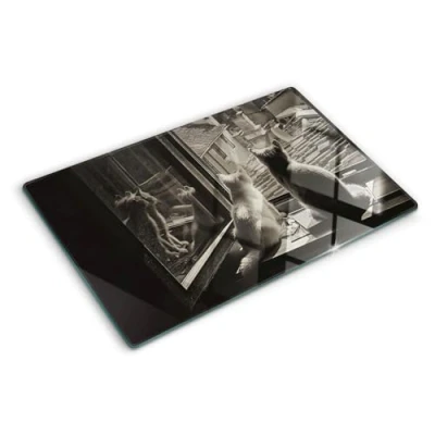 Image of Tulup Glass Chopping Board Cutting Tempered 80x52 cm Protection 31.5x20.5 inches Kitchen Splashback Cats Through The Window