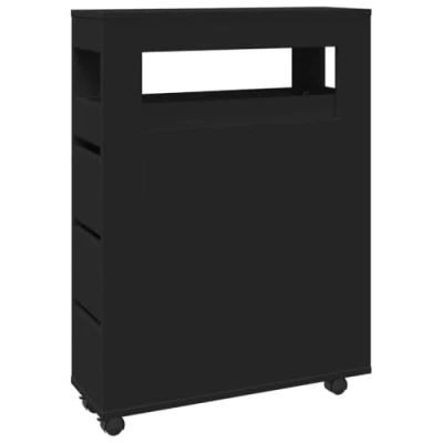 Image of vidaXL Narrow Bathroom Cabinet with Wheels, Black Engineered Wood, Stable and Durable Storage Cabinet, Slim Cupboard for Bathroom/Kitchen/Living Room 23x33x65 cm