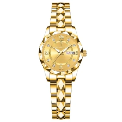 Image of JewelryWe Couple Watches Gift Set: Men Women Analog Quartz Round Dress Watch Waterproof Luminous Date Calendar Luxurious Multifunctional Stainless Steel Business Couples Wristwatches