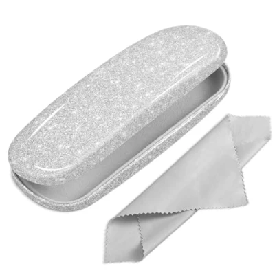 Image of Fintie Hard Shell Eyeglasses Case, Portable Protective Glasses Cover Eyeglass Holder Box with Cleaning Cloth for Men Women, Glittering Silver, S