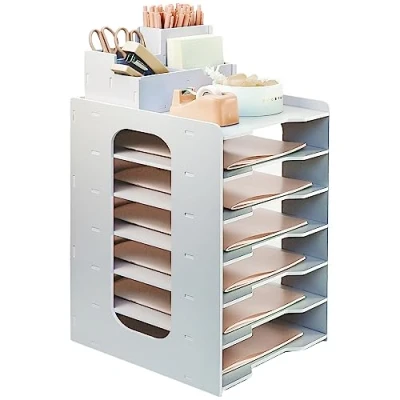 Image of PLSOPPKG Letter Tray Desk Organiser, A4 Paper Filing Tray, 7 Tier For Office Desk, File Document Holder with Stackable Trays, Tidy Organiser Pen Holder, White