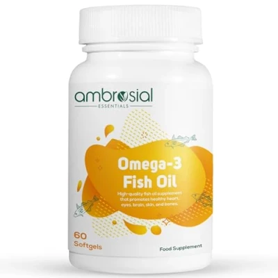 Image of Ambrosial Omega 3 Capsules High Strength Pure Fish Oil 1000mg Essential with 180mg EPA &amp; 120mg DHA Supports Heart, Brain, Eye Health Pack of 1 60 Softgels