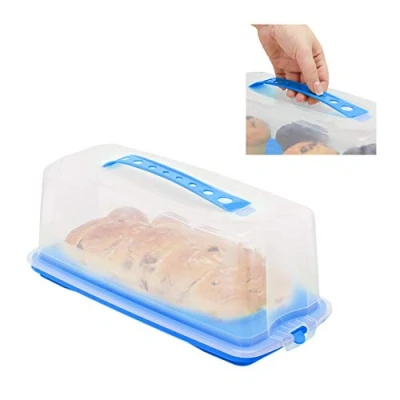Image of Relaxdays Cake Carrier, Rectangular with Handle and Lid, Transport Container, HxWxD: 15 x 37 16 cm, Blue/Clear